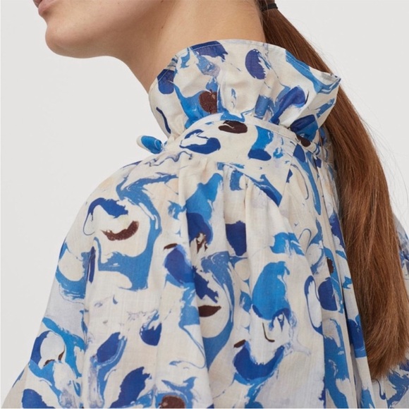 H&M hm Cotton Voile Ruffle Collar Peplum Mini Dress Drop waist Pattern Blue NWT - Picture 11 of 16